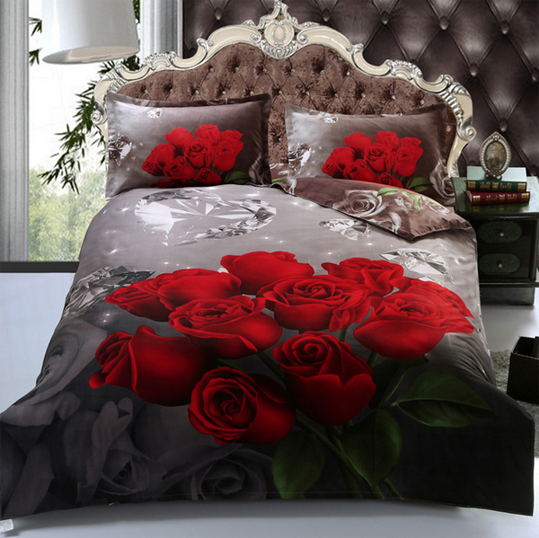 4pcs Suit Polyester Fiber Diamond Red Rose Flower Reactive Dyeing Bedding Sets Queen King Size