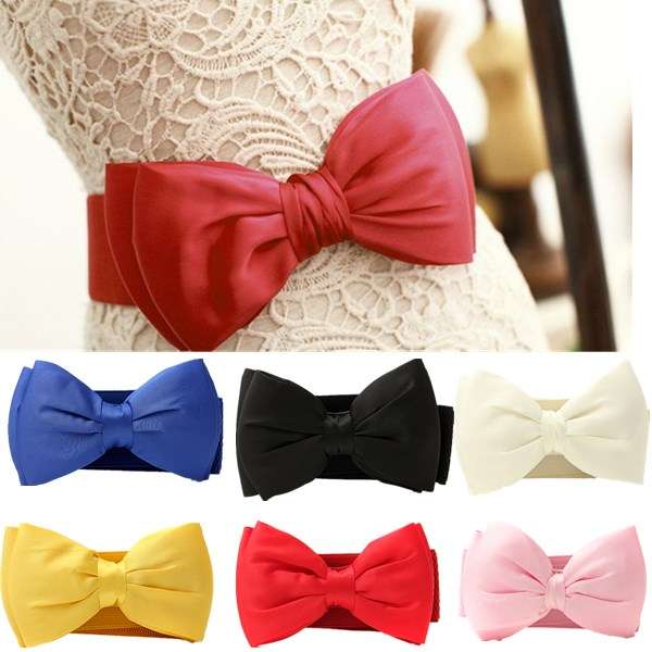 Women Ladies Chiffon Bowknot Elastic Bow Wide Stretch Buckle Waistband Waist Belt