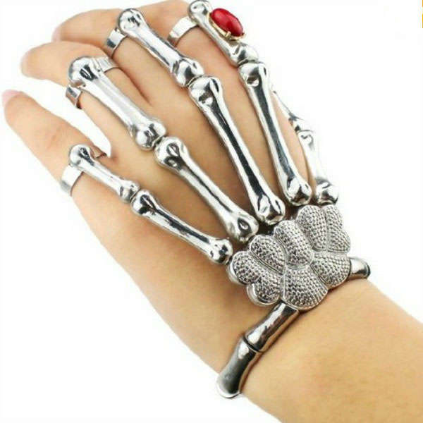 Halloween Silver Punk Rock Skeleton Skull Hand Bone Ring Bracelet