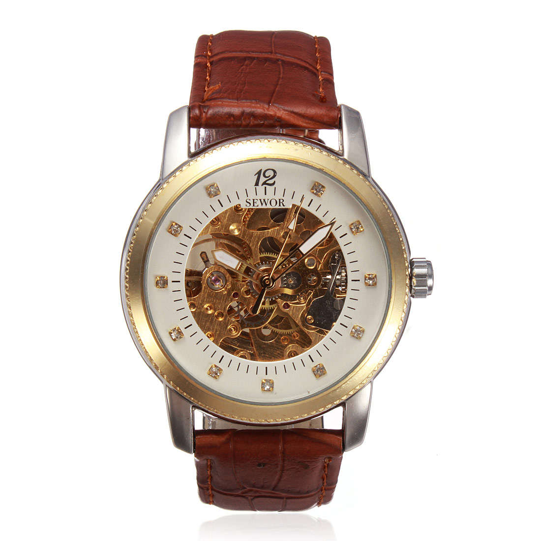 SEWOR Mechanical Leather Skeleton Rhinestone Wrist Watch