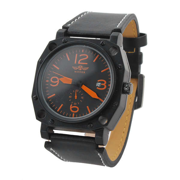 Winner Men Leather Big Dial Mechanical Water Resistance Fashion Watch