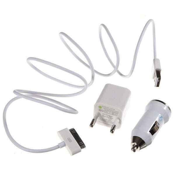 3 In 1 Wall Car Charger Plug USB Sync Cable For iPhone 4 4s