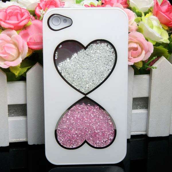 Colorful Double Heart  Diamond Hard Case Cover For iPhone 4 4S