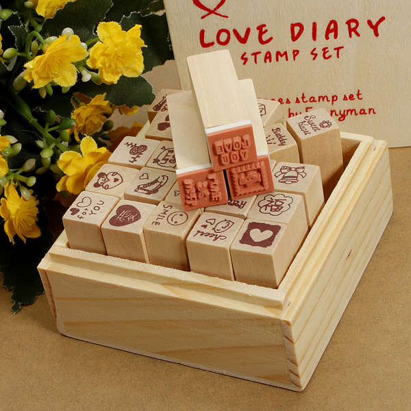 25Pcs Antique Wooden Boxes Love Diary Pattern Rubber Stamps Drawing Art