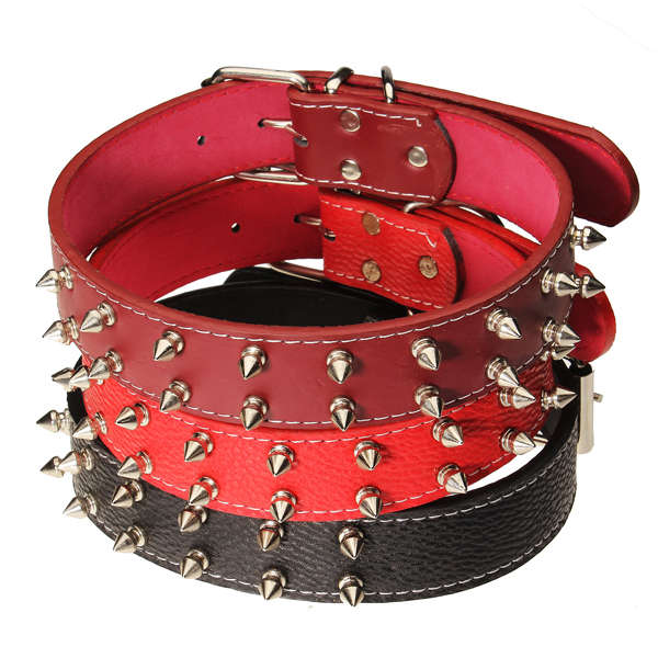 Two Row Silvery Spiked Studded Leather Pet Dog Collar