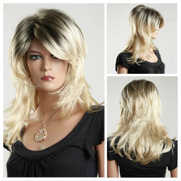 Women Medium Long Wave Hair Wigs Blond Wigs