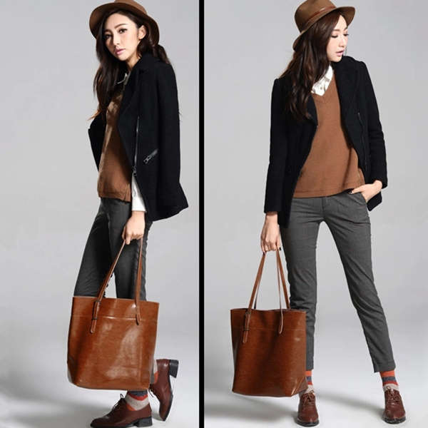Women Big Tote Vintage Brown Oil Waxing Genuine Leather Handbag - Perfect Timing