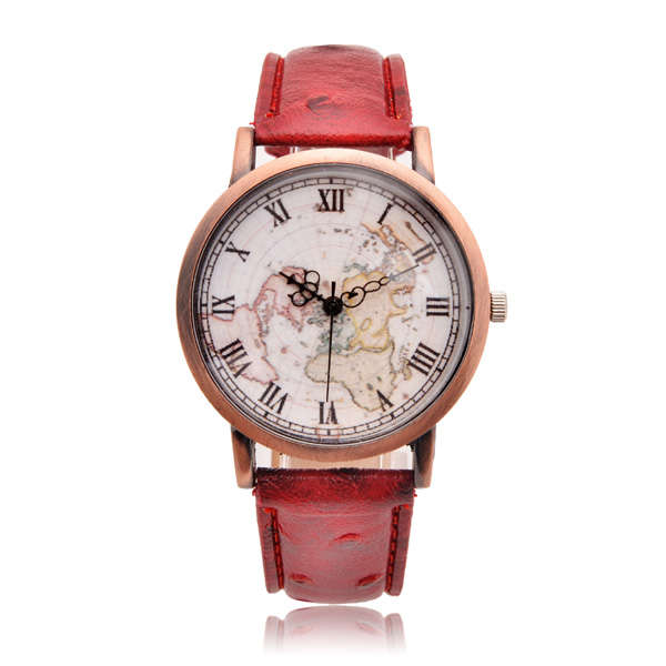 Vintage World Map PU Leather Band Quart Watch
