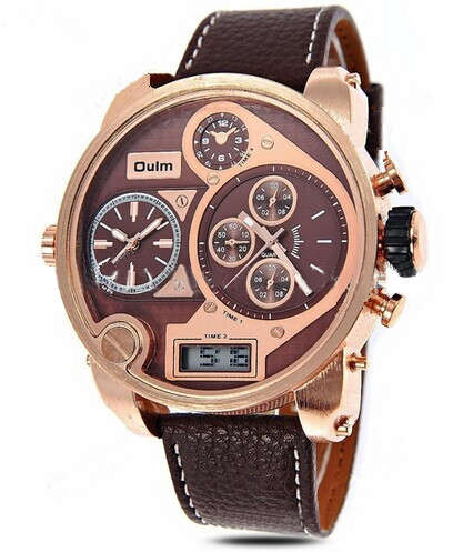 Oulm HP9316B Multi Time Zone PU Leather Band Sport Watch
