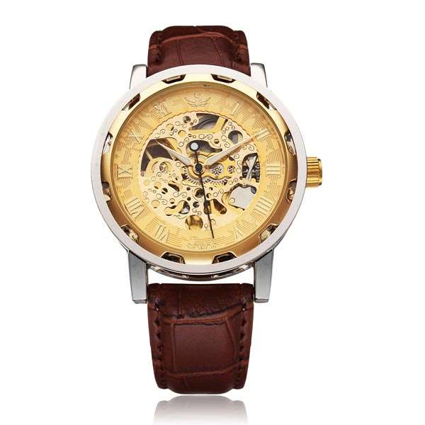 SEWOR Golden Case Mechanical Leather Skeleton Men Wrist Watch