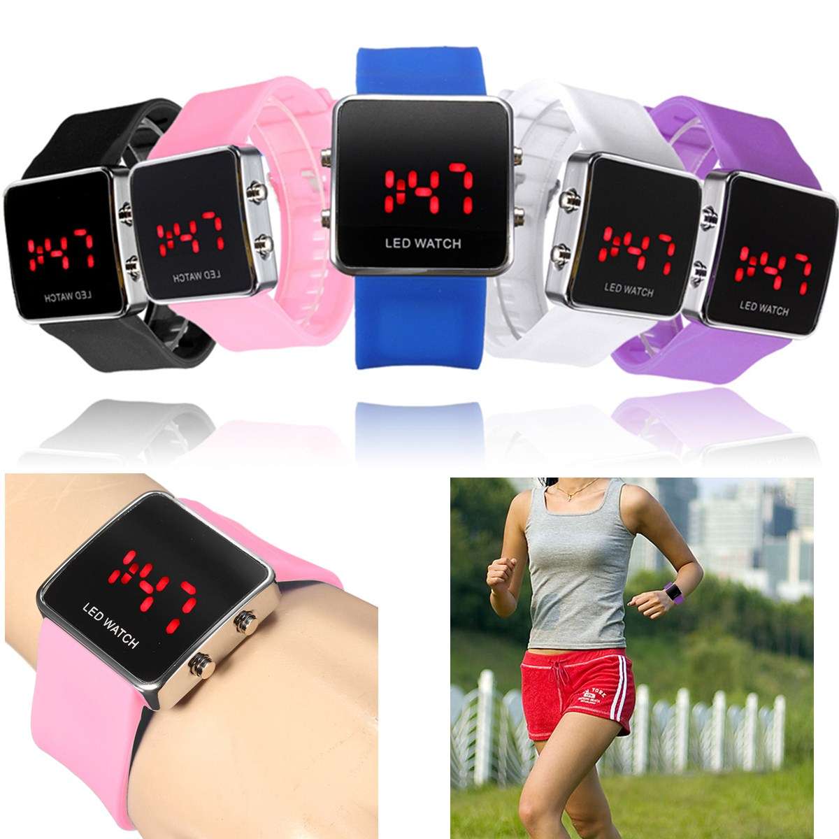 Square Case Silicone Band Digital LED Display Date Unisex Sport Watch