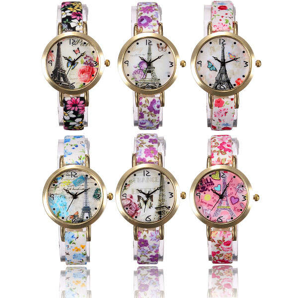 Women Eiffel Tower Butterfly Flower PU Leather Band Analog Watch