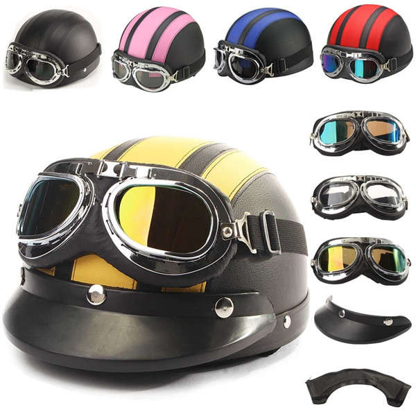 ECE Motorcycle Half Open Face Leather Helmet With Sun Visor Goggles