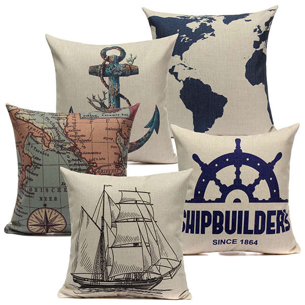 Linen Sailing Yacht Anchor Map Pillow Case Home Decor Cushion Cover