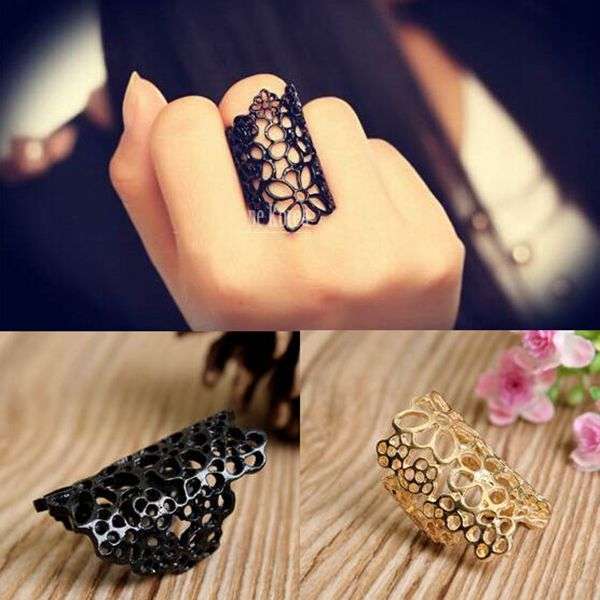 Gold Black Hollow Out Lace Flower Women Open Ring Finger Ring