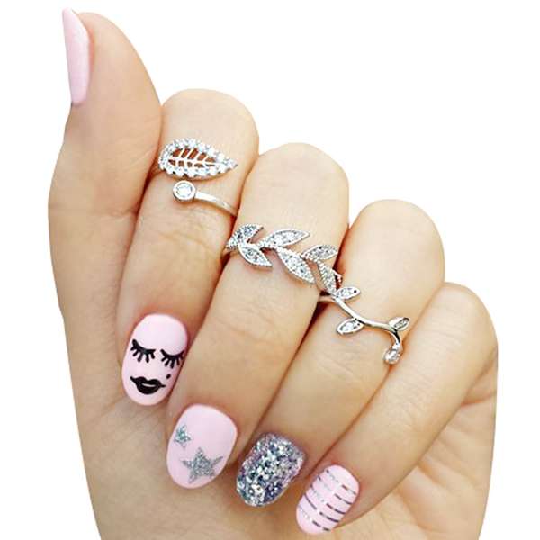 3pcs Rhinestone Crystal Leaf Gold Silver Plated Knuckle Rings