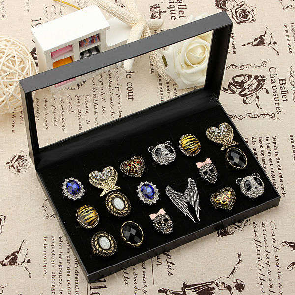 36 Slots Black Rings Organizer Display Showcase Jewelry Box