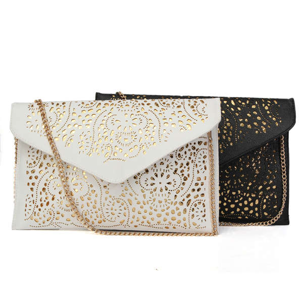 Women Hollow Shoulder Retro White Messenger Bags PU Leather Clutch Handbag