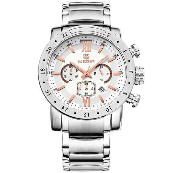 MEGIR 3008G Men Chronograph Calendar 6 Hands Stainless Steel Quartz Watch