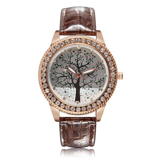 Crystal Tree Pattern PU Leather Band Women Wrist Watch