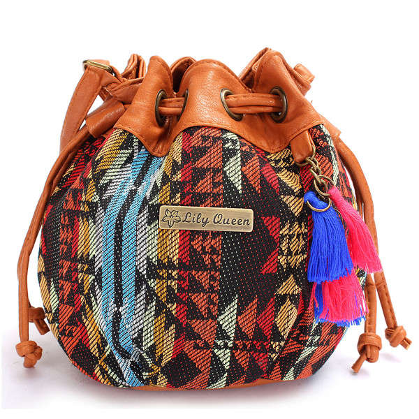 Women Bohemia Canvas Bucket Bags Drawstring Crossbody Bags Shoulder Bags