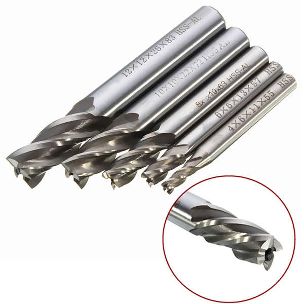 5pcs 4/6/8/10/12mm 4 Flute End Mill Cutter HSS Straight Shank Drill Bits