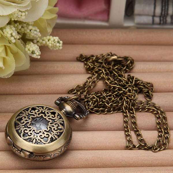 Vintage Bronze Hollow Pendant Necklace Pocket Watch