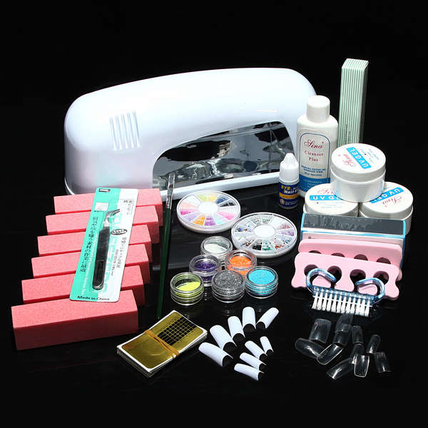 220V 9Watt UV Gel Lamp Dryer 6 Nail Art Manicure Tips Brush Set Kit