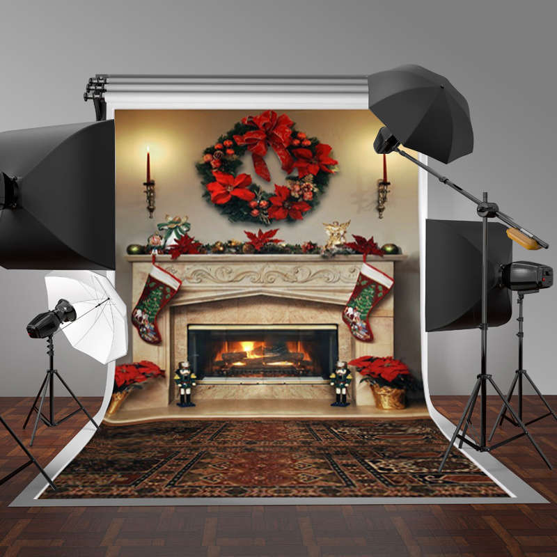 7x5ft Christmas Fireplace Photography Backdrop Vinyl Studio Background Photo Prop - 0.37kg