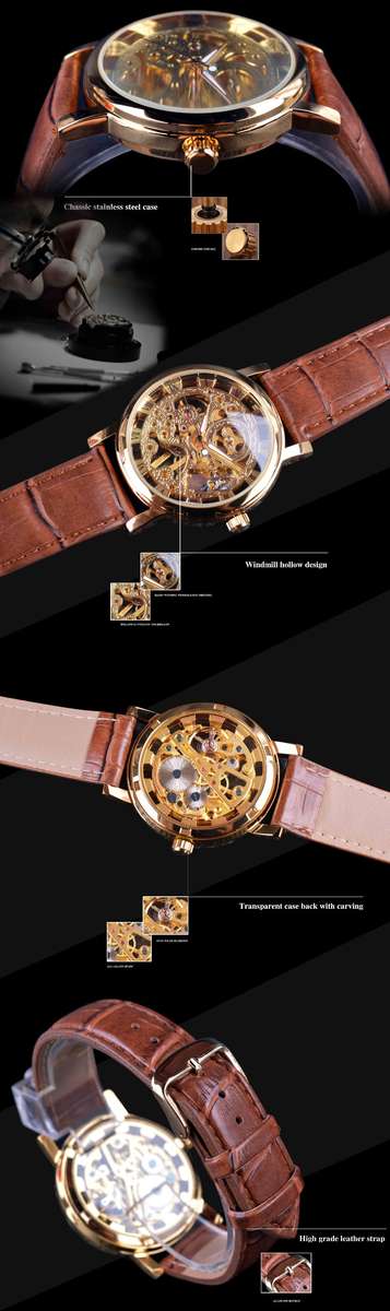 WIN358-5 Business Style Men Watch Transparent Golden Case Self-Wind Mechanical Watch - 0.11kg