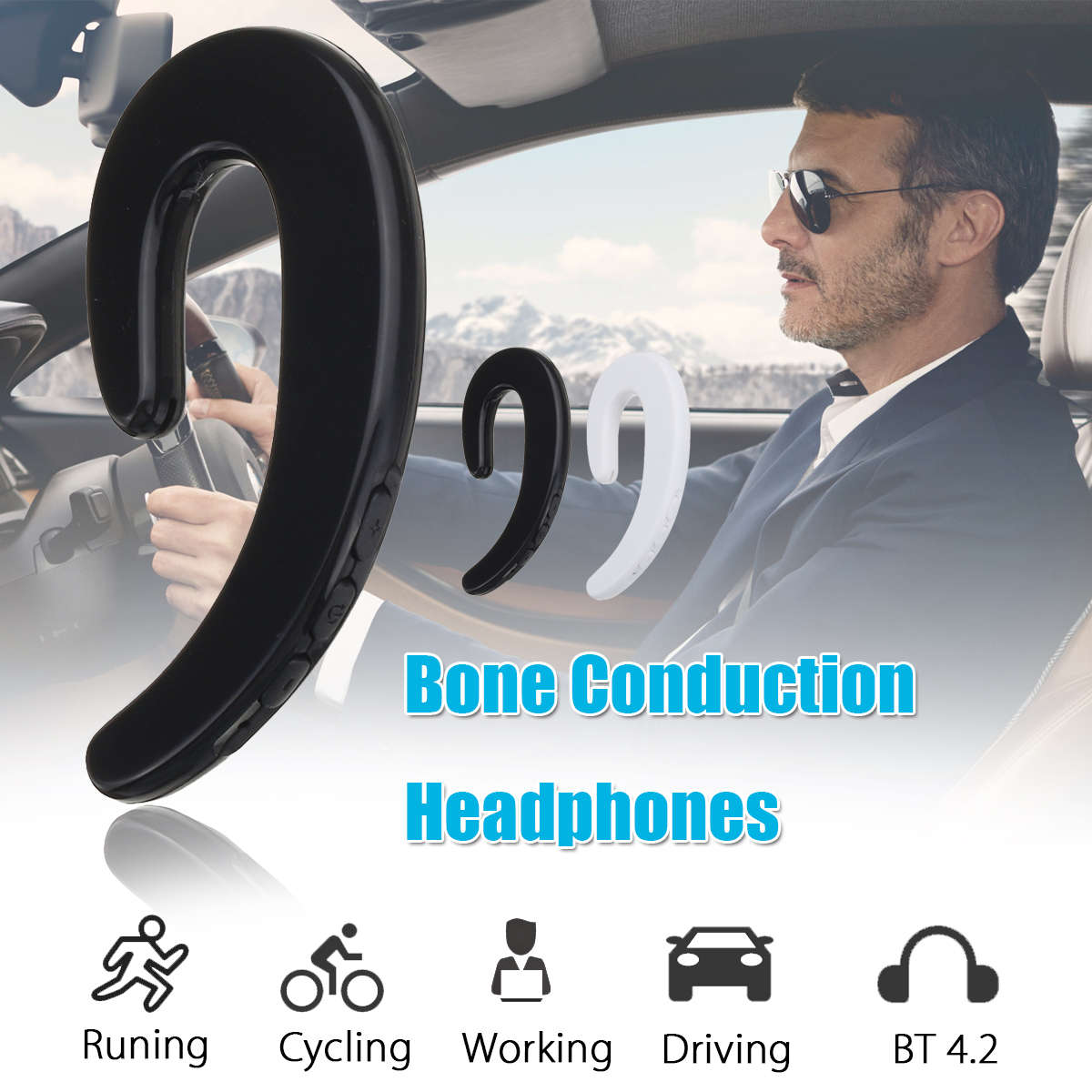 Portable Bone Conduction Earhook Sports Wireless Bluetooth Earphone Headphone Headset with Mic -