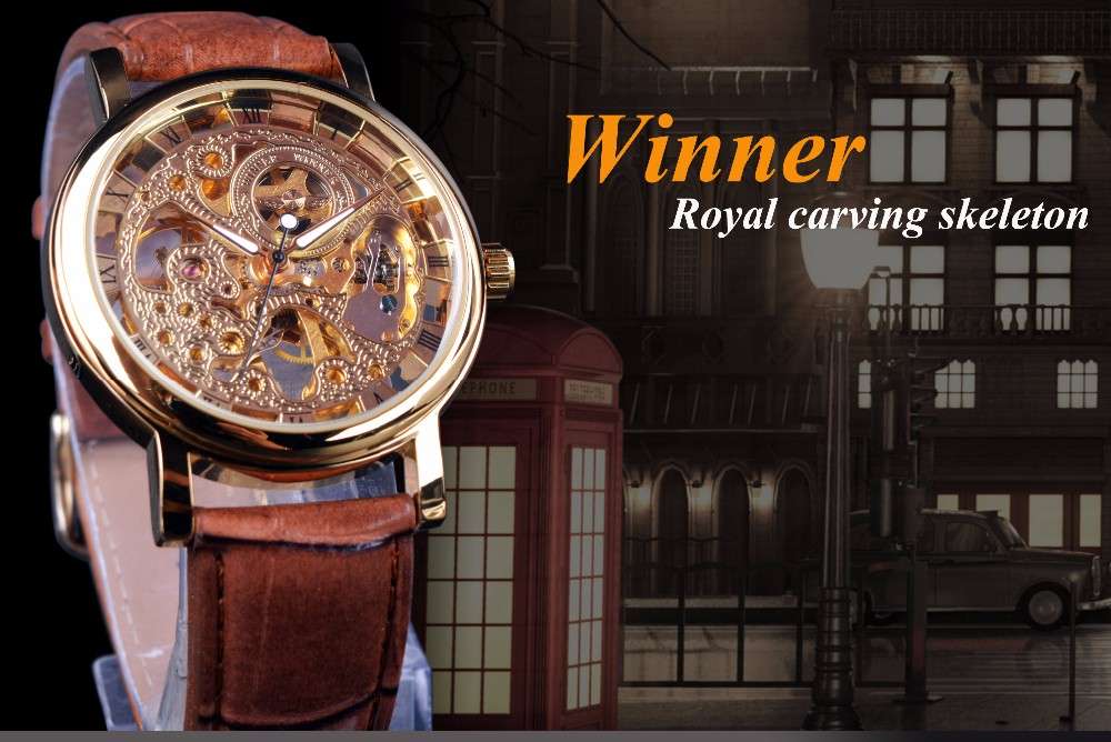 WIN358-5 Business Style Men Watch Transparent Golden Case Self-Wind Mechanical Watch - 0.11kg