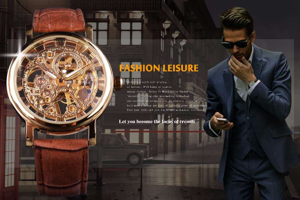 WIN358-5 Business Style Men Watch Transparent Golden Case Self-Wind Mechanical Watch - 0.11kg