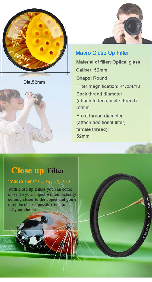 52mm Macro Close Up Filter Lens Kit +1 +2 +4 +10 for Canon Nikon DSLR SLR Camera - 0.14kg