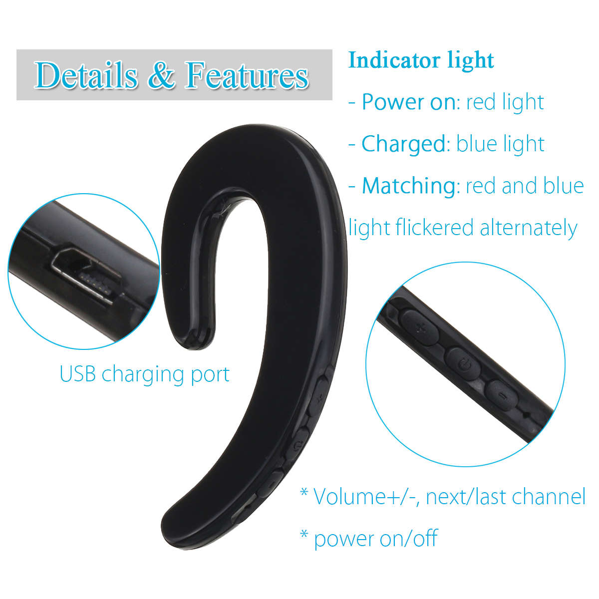 Portable Bone Conduction Earhook Sports Wireless Bluetooth Earphone Headphone Headset with Mic -