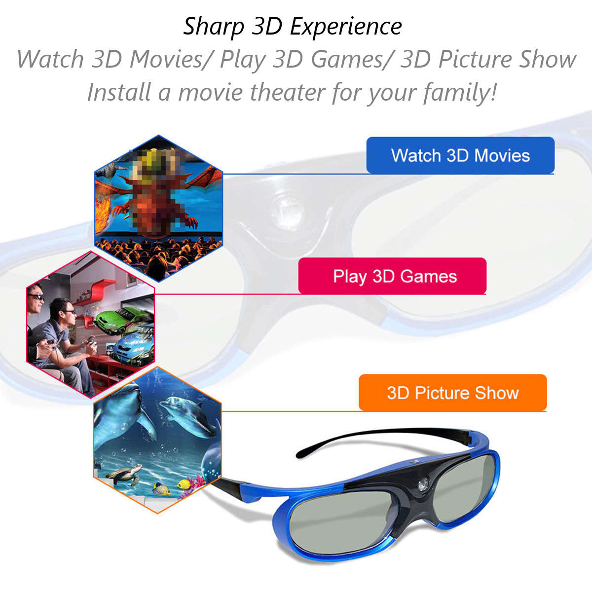 DLP-Link 3D Projector Active Shutter Glasses Rechargeable Battery Powered - 0.08kg
