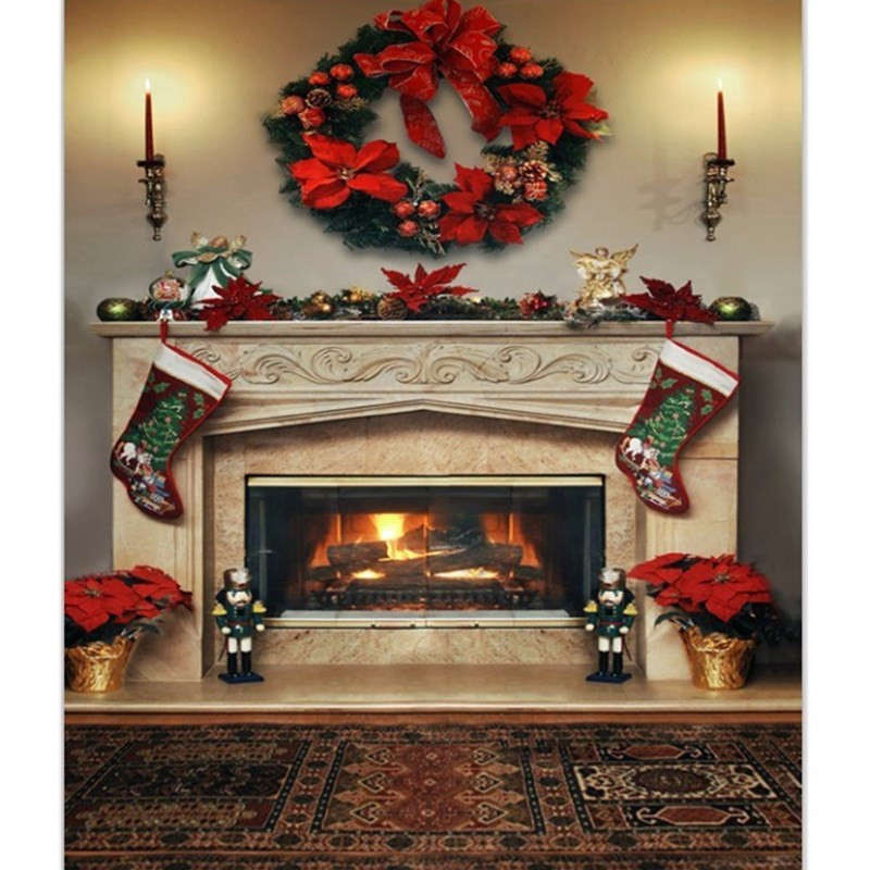 7x5ft Christmas Fireplace Photography Backdrop Vinyl Studio Background Photo Prop - 0.37kg