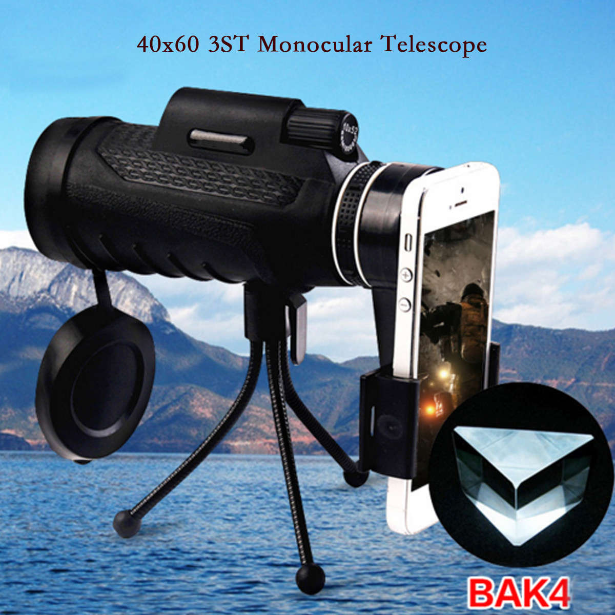 PANDA 40X60 HD Zoom Lens Camping Travel Waterproof Monocular Telescope+Tripod+Clip for Cell Phone -