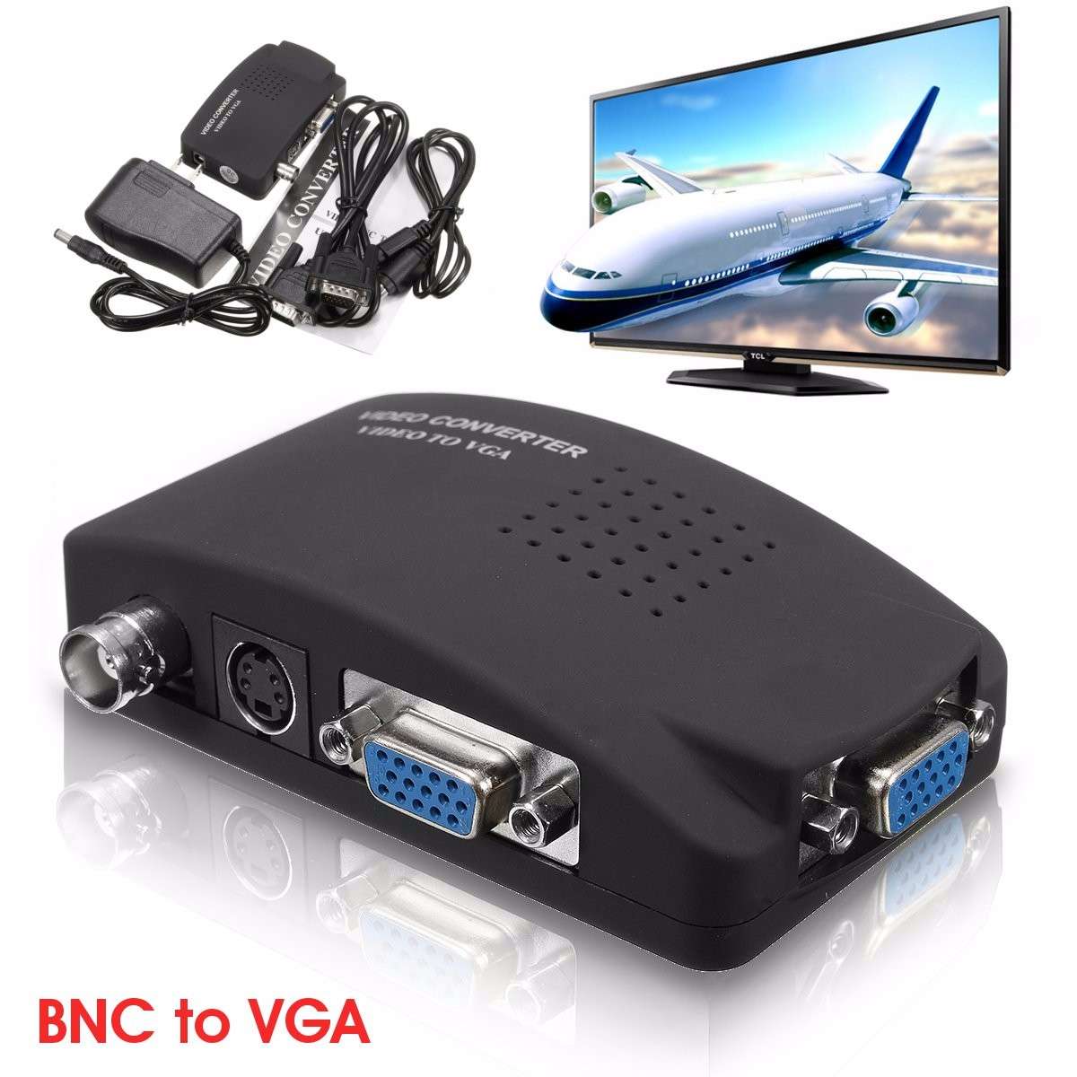 BNC S Video VGA to Laptop Computer PC VGA Monitor Converter Adapter Box 1080P - 0.21kg
