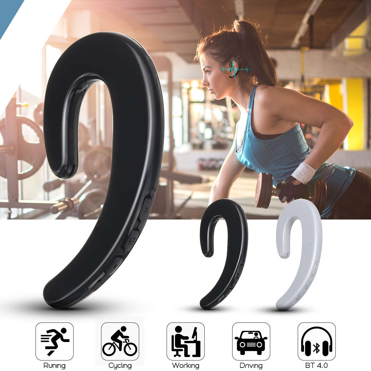 Portable Bone Conduction Earhook Sports Wireless Bluetooth Earphone Headphone Headset with Mic -