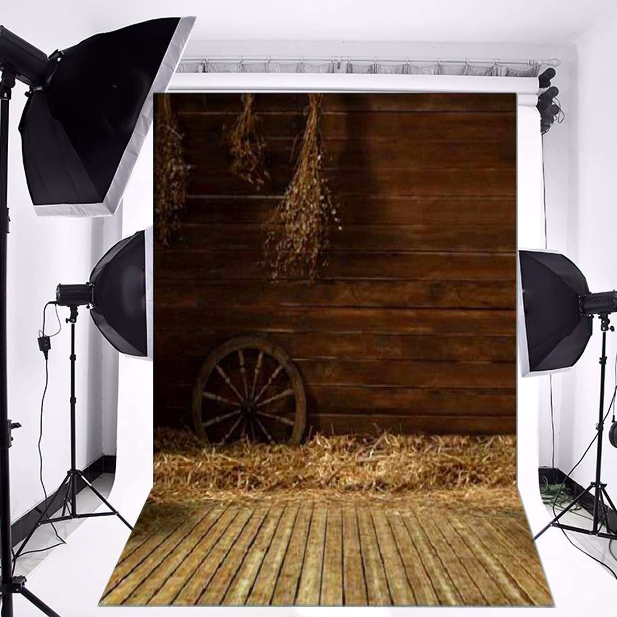 3x5FT Vinyl Photography Backgrounds Wooden Wall Wheel Straw Backdrops Photo Prop - 0.15kg