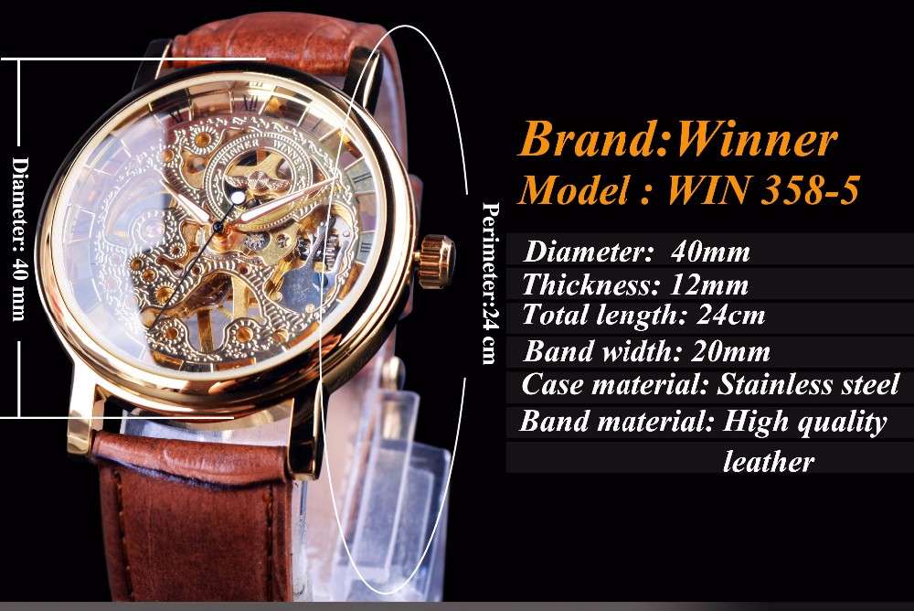 WIN358-5 Business Style Men Watch Transparent Golden Case Self-Wind Mechanical Watch - 0.11kg