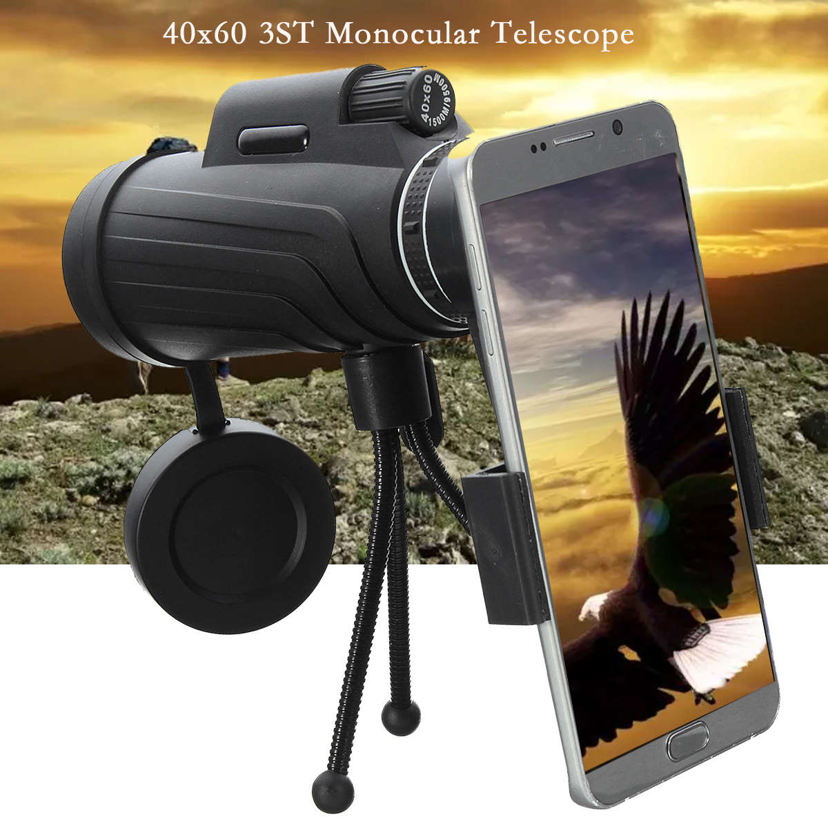 PANDA 40X60 HD Zoom Lens Camping Travel Waterproof Monocular Telescope+Tripod+Clip for Cell Phone -