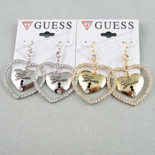 "GUESS" - Earrings *STUNNING* Large Heart hanging "GUESS" Logo in SILVER/GOLD