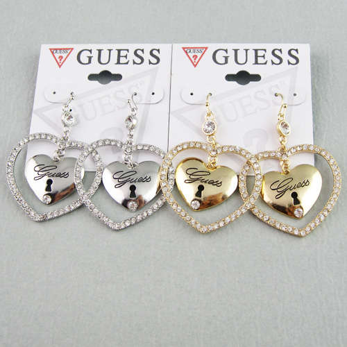 "GUESS" - Earrings *STUNNING* Large Heart hanging "GUESS" Logo in SILVER/GOLD