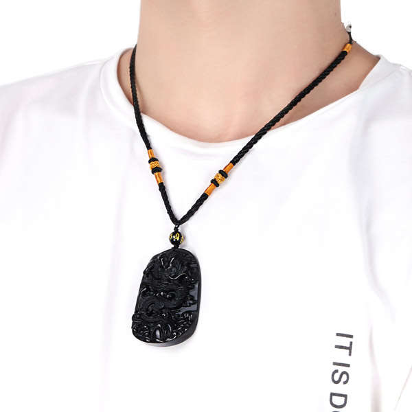 Obsidian Dragon Necklace Beads Blessing Pendant Charm Chain