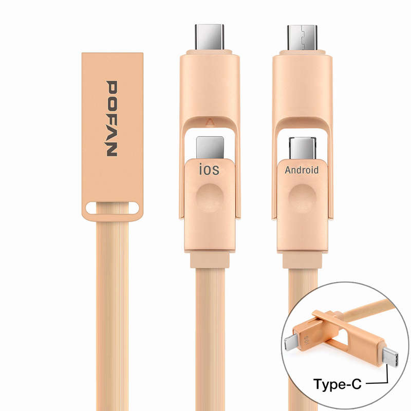 POFAN 3D Zinc Alloy 3 in 1 1.2M 2.4A 8pin Micro USB and Type-C Cable for  Mobile Phone