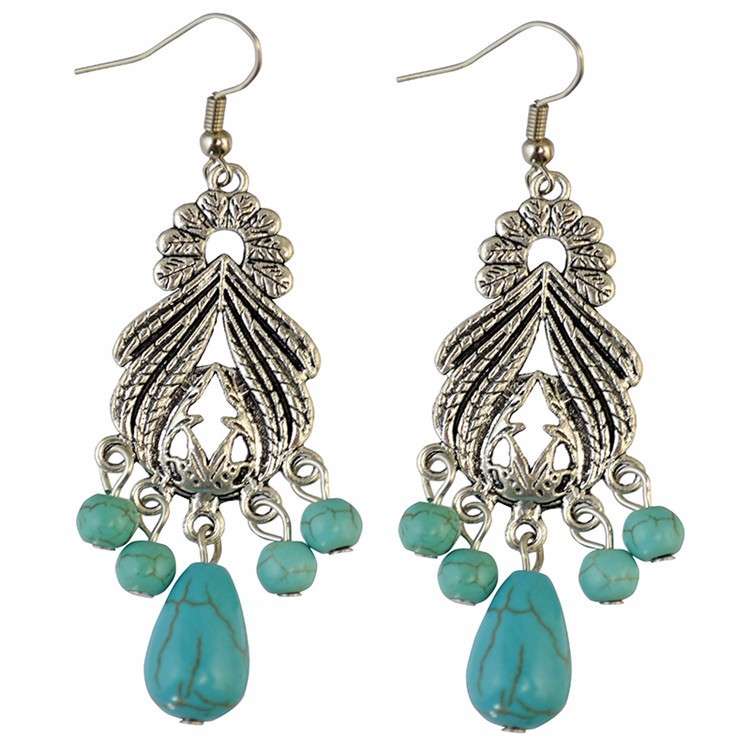 Bohemian Vintage Turquoise Beads Long Dangle Earrings Jewelry