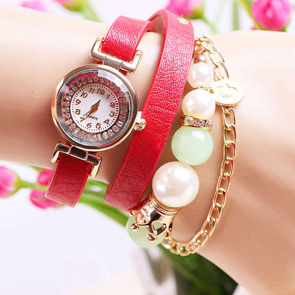 Casual Women Pearl Necklace PU Leather Band Bracelet Watch