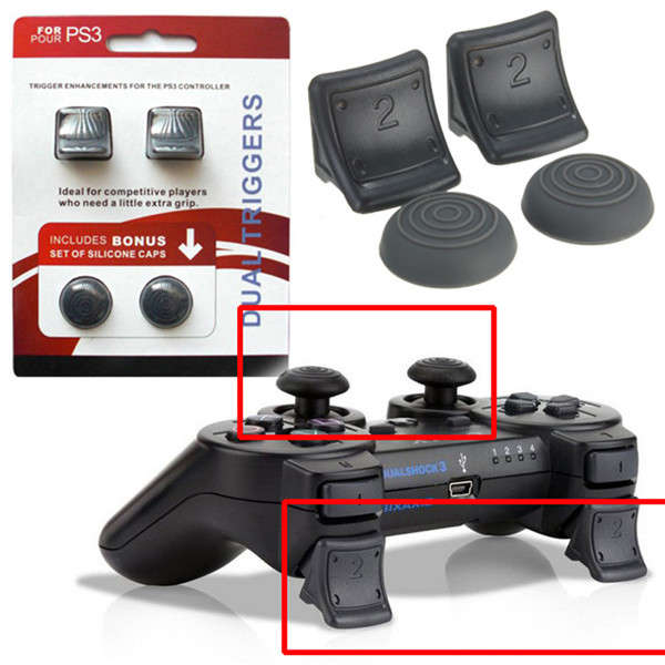 Dual Triggers + Silicone Thumb Grip Cap Cover 4in1 Set For PS3 Controller